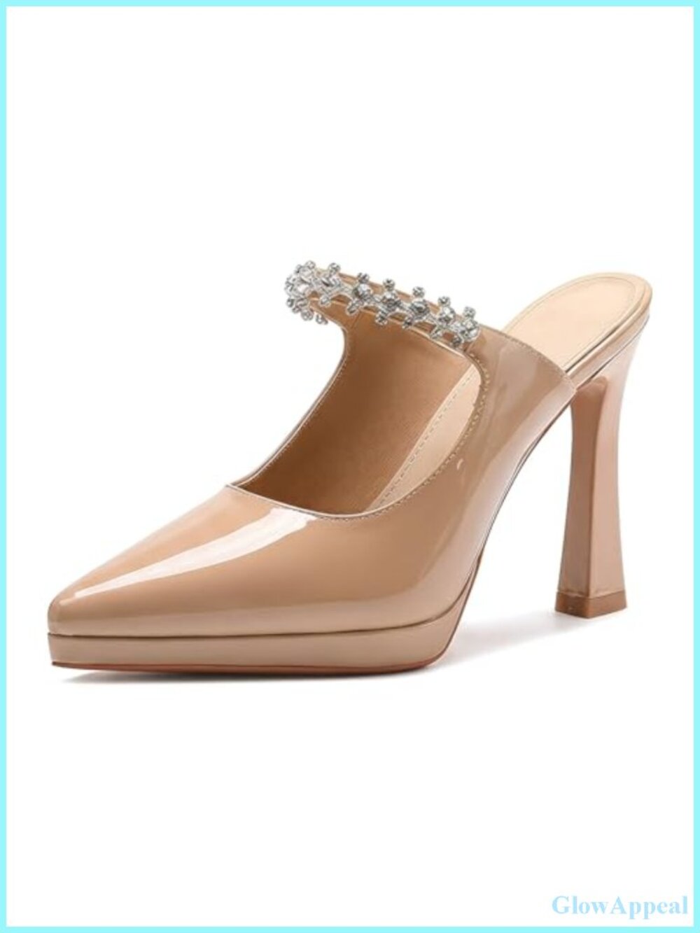 Rhinestone Strap Heeled Mules, Faux Leather Block Heel, Pointed Toe Slip On